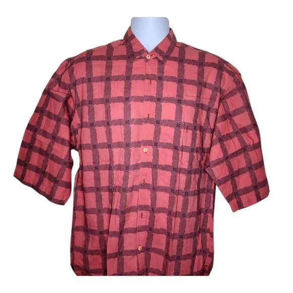 Vintage 80s Saturdays Button Up Plaid Check Men Shirt Size L Pink - Picture 1 of 9